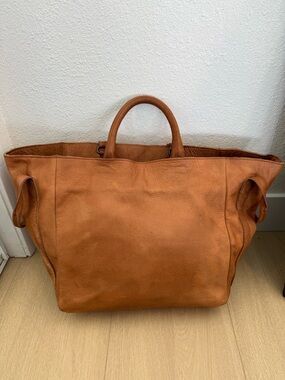 Free People Cognac Distressed Leather Oversized Tote Weekender Travel Bag